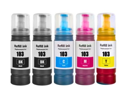 Set 5 Flacoane cerneala, PREMIUM ECONOMY pentru Epson 103/101/102/104 CMYK, 2X70 ml negru, 70 ml CMY, compatibil cu EcoTank L1110, L1250, L3100, L3110, L3150, L3160, L3210, L3211, L3250, L3251, L3256, L519