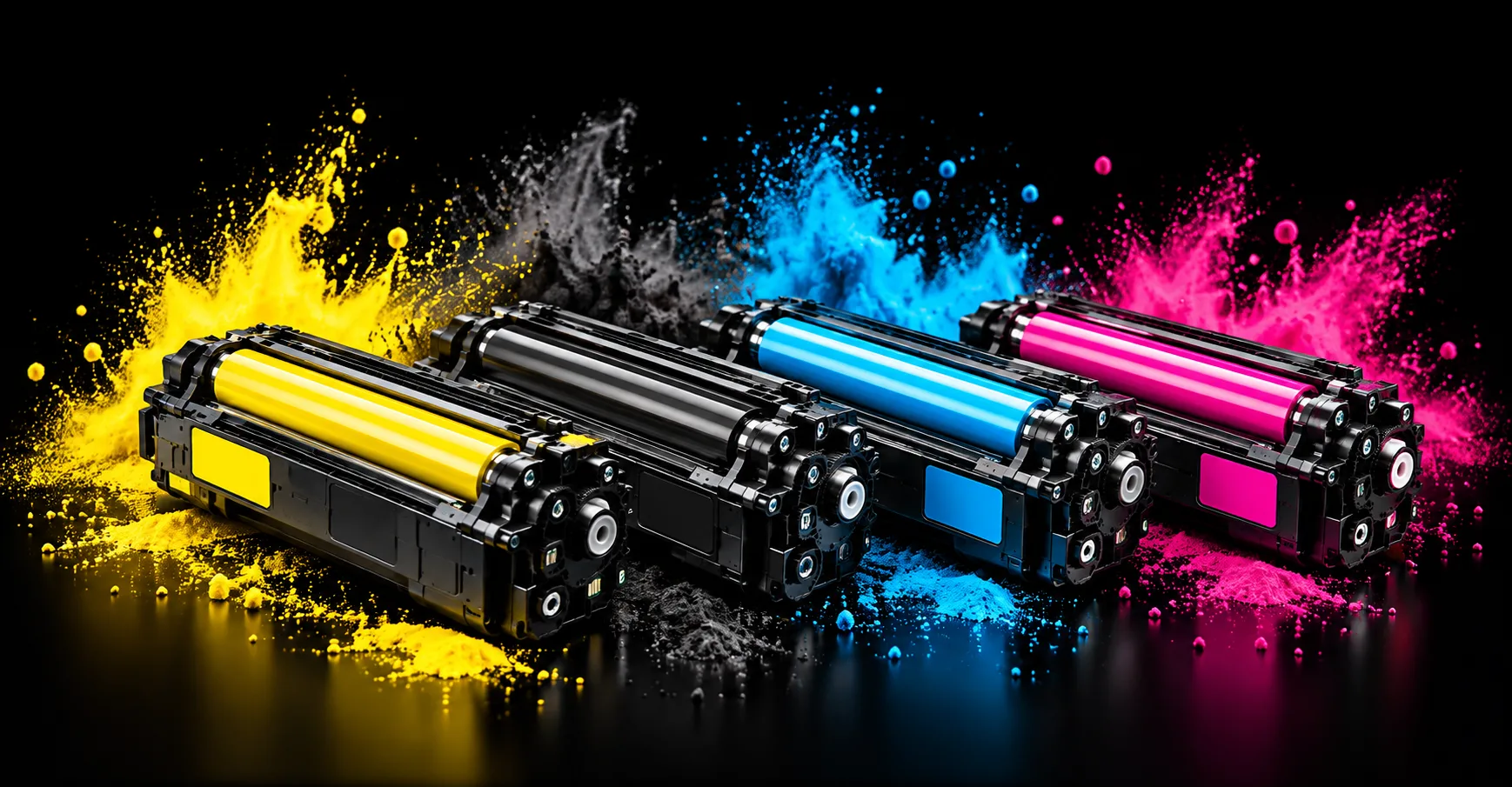 Cartușe toner CMYK în explozie de culoare.png